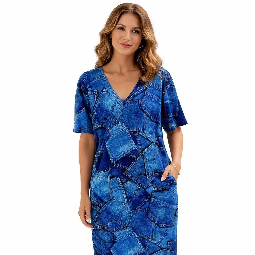 Unbranded Dress stretchy digital pockets design denim V-neck short sleeve XL